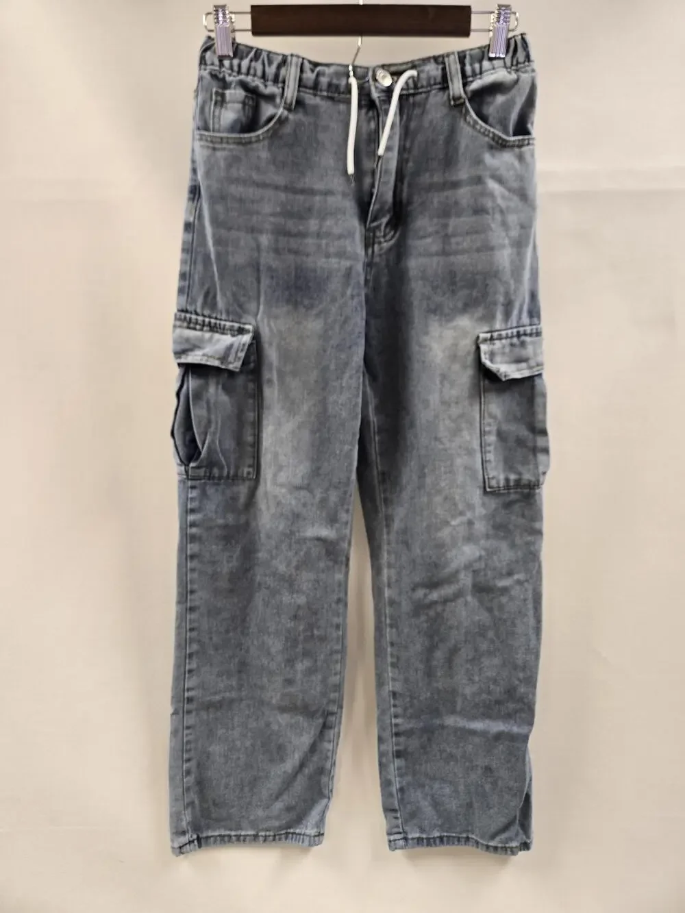 SHEIN Jeans Youth 16 Blue Cargo Elastic Waist Drawstring Pockets Denim